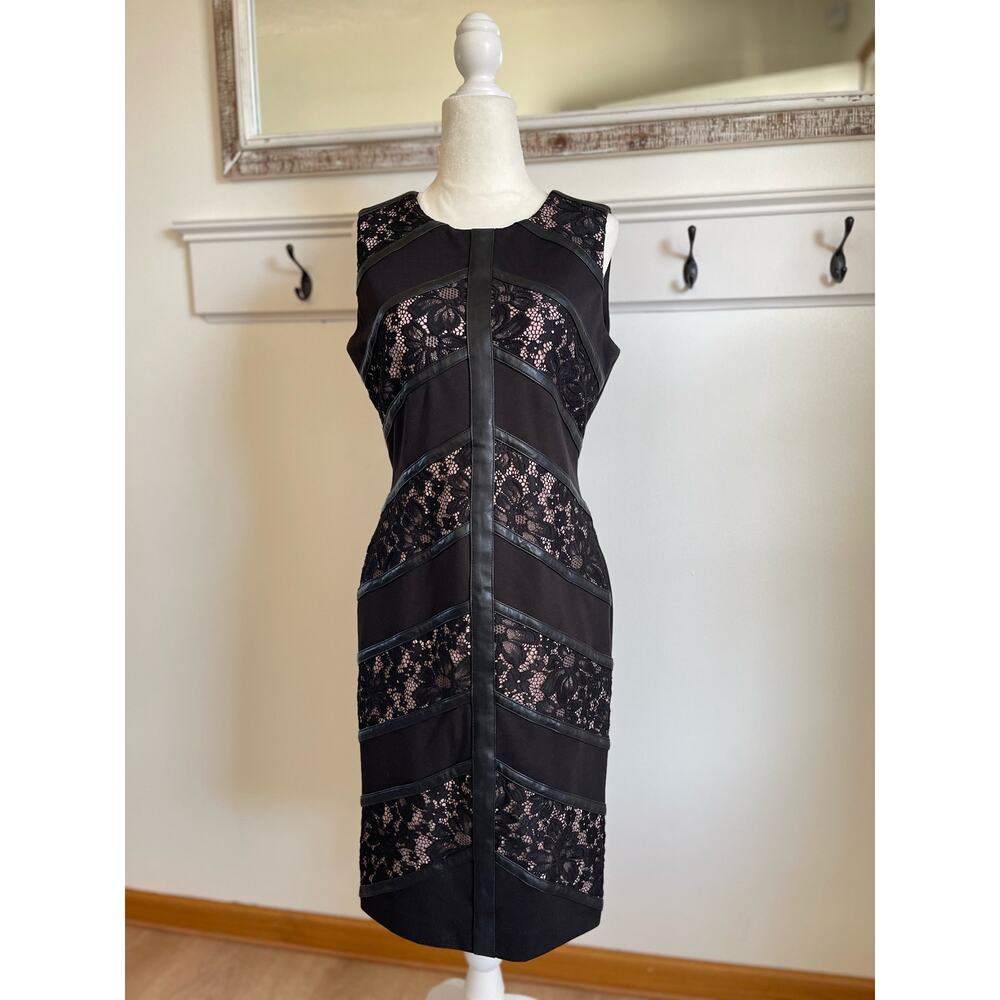 Calvin Klein Black Mix Media Shearh Dress with Lace and‎ Faux Leather Details